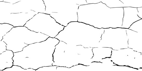 Generate a high-contrast, detailed image of a finely cracked white surface. The cracks should appear as thin, dark lines forming an intricate network across the white background, 