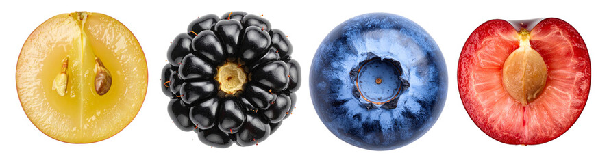Cut grape, blackberry, blueberry and cherry showing their seeds on a transparent background