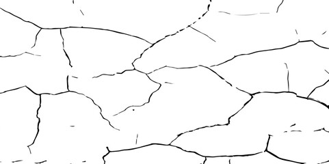 Create a high-contrast black and white image of a network of fine cracks on a white surface. The cracks should appear as thin, irregular black lines branching and intersecting across the frame, 