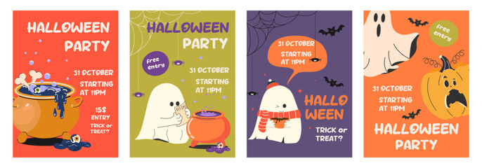Fototapeta premium Templates for covers and advertising posters for Halloween parties. Vertical flyers with traditional Halloween symbols: creepy ghost, bats, scary pumpkin, sweets, cauldron, witch potion. Flat vector