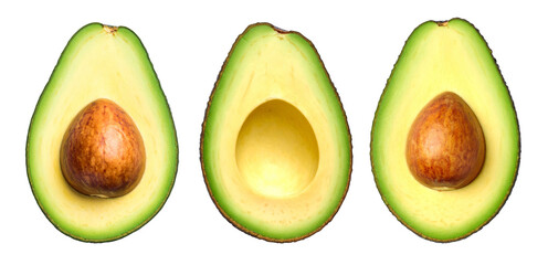 Three halves of avocado showing seed and flesh on transparent background