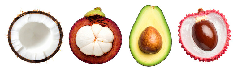 Four exotic fruits cut in half isolated on transparent background, showing the inside