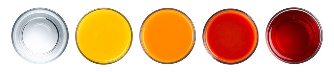 Set of glasses with colorful water, juices and tea on transparent background
