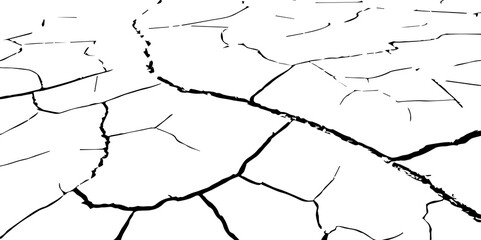 Generate a high-contrast image of a cracked white surface. The cracks should be dark and irregular, forming a network across the white background, resembling dried earth, cracked paint, 