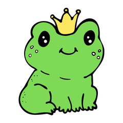 Cute frog prince sitting with crown fairytale magic. Perfect for children's stories, fantasy illustrations, princess-themed designs, and woodland or pond scenes