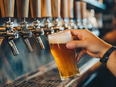 A photo of hands pouring beer from a tap into a glass, in front of a wooden bar with multiple chrome metal taps Generative AI