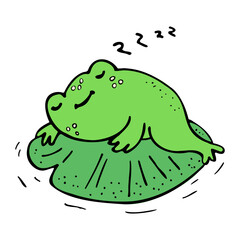 Sleeping kawaii frog on lily leaf cartoon vector. Cute and funny cartoon illustration perfect for kids, bedtime themes, and peaceful nature scenes