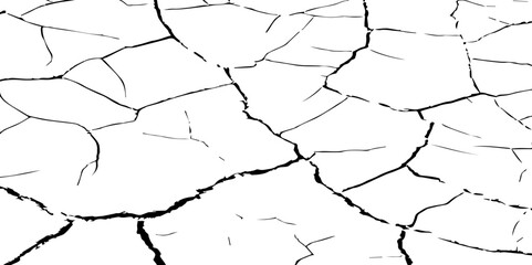 Generate a high-contrast image of a cracked white surface. The cracks should be dark and irregular, forming a network across the white background, resembling dried earth, cracked paint, 