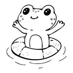 Cute frog with lifebuoy outline cartoon coloring page. Great for children's books, educational games, baby prints, and water-themed party decorations
