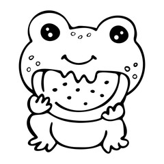 Cute kawaii frog with watermelon slice outline coloring. Great for baby books, stickers, t-shirts, and summertime illustrations
