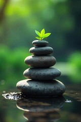 A serene scene depicting a perfectly balanced arrangement of natural elements, representing equilibrium and inner peace The image evokes a sense of calm and harmony , harmony, power