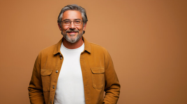 Portrait of handsome middle-age Caucasian man wearing mustard color jacket and glasses, studio shot against beige background