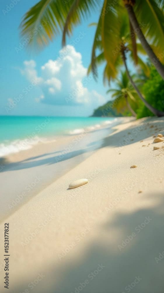 Poster a shell found on a sandy beach with palm trees behind, suitable for travel or nature themes