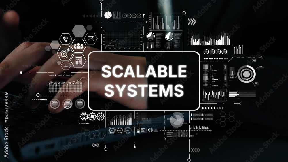 Poster modern tech concept of scalable systems displaying data and analytics for business solutions. asympt