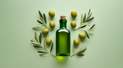 Olive oil bottle with olives and branches on a pastel green background.