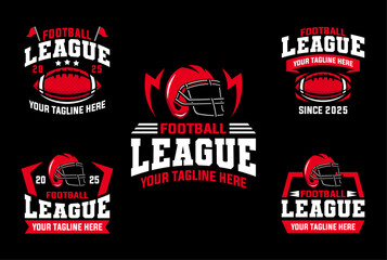 American football logo vector collection with red colour. Rugby logo design bundle. Sets of American football league labels, emblems and design elements	