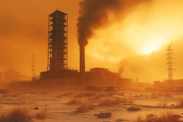 Sunset Over Industrial Landscape. Pollution and Smoke from Factory Smokestacks in an Urban-Wasteland Setting
