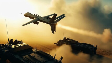 Combat drone navigates through clouds and strikes military vehicle during aerial operation