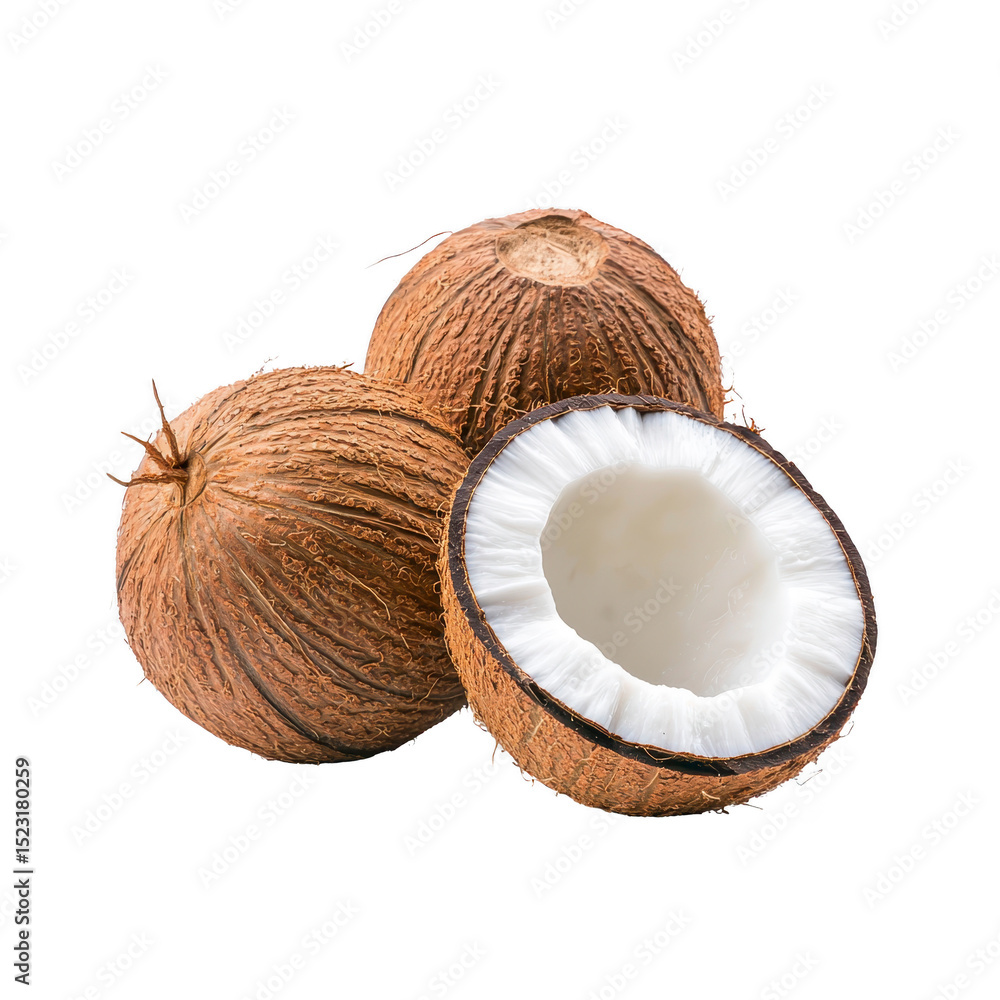 Poster whole and halved coconuts with rough brown shells and white flesh are displayed on transparency back