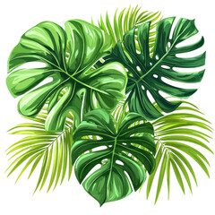 Lush green tropical leaves, including monstera and palm, create vibrant and exotic botanical arrangement. rich foliage evokes sense of nature beauty and tranquility