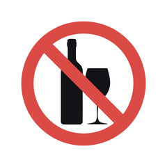 Prohibition Sign Displaying a Wine Bottle and a Wine Glass Crossed Out with a Red Circle Indicating No Alcohol Allowed Here red prohibition