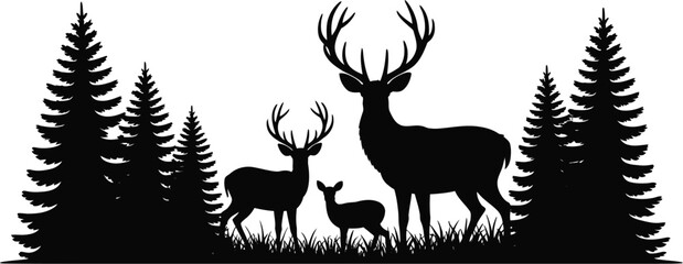 Silhouette of deer family with trees in a forest on a white background