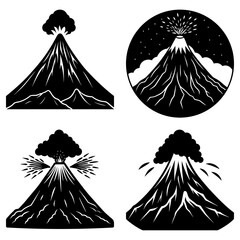Four volcano illustrations in black and white showing different eruption styles and mountain shapes