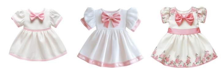Set of A lavender girls’ dress with puff sleeves, organza overlay, and a big decorative bow on pure on transparent png background. Ai generated