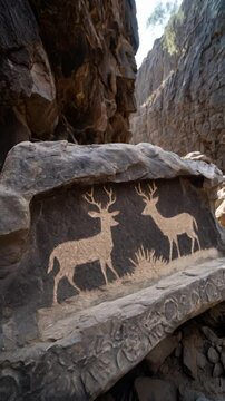 Ancient rock carving of two deer inside rocky canyon. Petroglyphs depicting deer in a desert landscape on a large rock. Stone art, wildlife themes.
