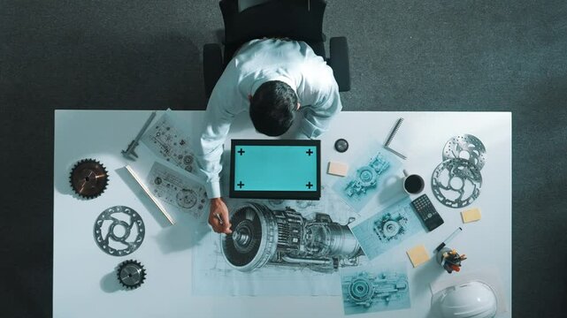Top view of skilled engineer writing in paper while looking at tablet display green screen with turbine engine sketch design and metal gear and architectural equipment scatter around. Alimentation.