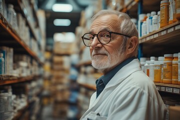 Fototapeta premium Portrait of a Smiling Senior Pharmacist Assisting Elderly Patients with Prescription Medications. Expertise and Warmth in a Trustworthy Pharmacy Environment