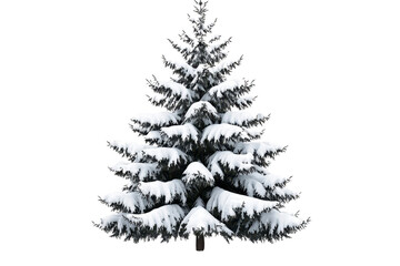 Obraz premium Snow covered evergreen tree stands tall, its branches blanketed in white, evoking serene winter scene. lush green needles peek through snow, creating picturesque contrast