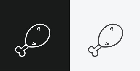 White Outline Icon Chicken Leg or Drumstick on Black and White Backgrounds, Representing Food or Meal