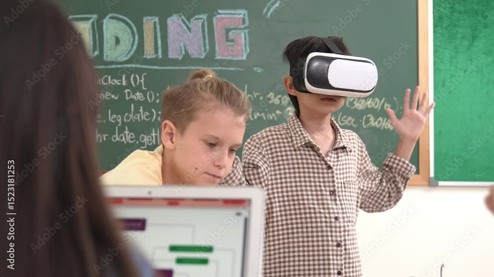 Poster energetic child wearing vr headset while enter virtual world at classroom. student programing system