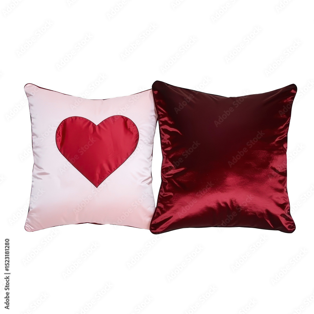Poster two decorative pillows, one with red heart design on transparency background and other in shiny red 