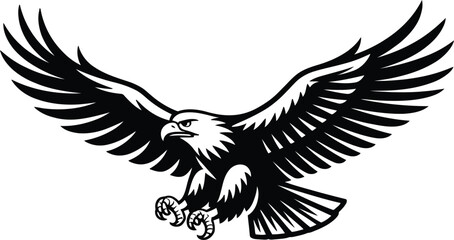Illustration of a black and white eagle with wings spread wide open flying