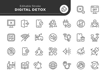 Digital detox line icon set. Unplug, no phone, no Wi-Fi, no internet, offline, turn off, computer refusal, reading, walk, live communication. Outline icon in linear style. Vector collection.	