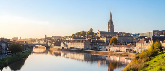 Panoramic View Of European Town At Sunrise