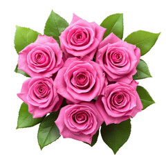 Bouquet of vibrant pink roses with lush green leaves, beautifully arranged circular pattern, creating stunning floral display. vivid colors and natural elegance evoke sense of romance and beauty
