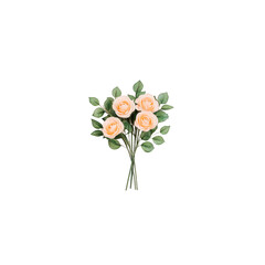 Bouquet of four peach roses with green leaves is arranged against plain background, creating simple and elegant floral display. soft peach color of roses adds touch of warmth and charm