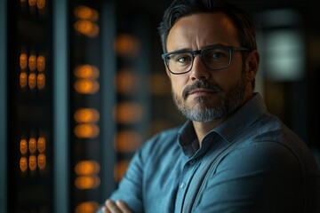 Portrait of a Serious Businessman with Confident Pensive Expression in a Modern Server Room - IT Specialist and Solutions Architect Focused on Data Security and Innovative Technology