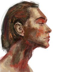 Digital painting of a male side profile in expressive warm brushstrokes. Bold, artistic, and introspective