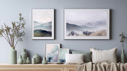 Modern interior design featuring framed landscape art on wall, decorative vases, and cushions. color palette creates calming