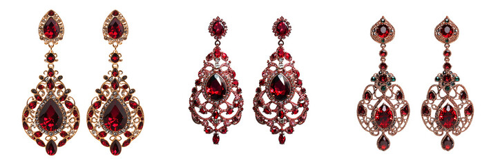 Set of Bright and detailed image of VEYO vintage-inspired drop earrings with imitation diamonds and crystal accents on pure on transparent png background. Ai generated