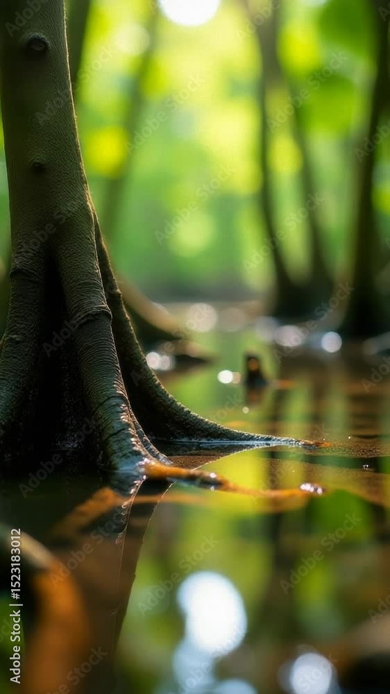 Poster a close-up view of a tree trunk submerged in water, great for environmental or nature-inspired desig