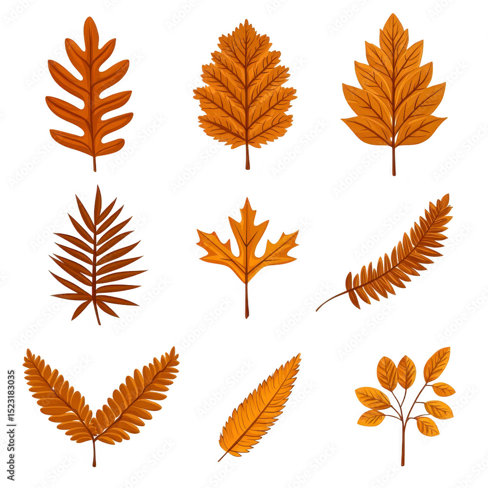 Poster various autumn leaves shades of brown and orange are arranged grid pattern, showcasing different sha