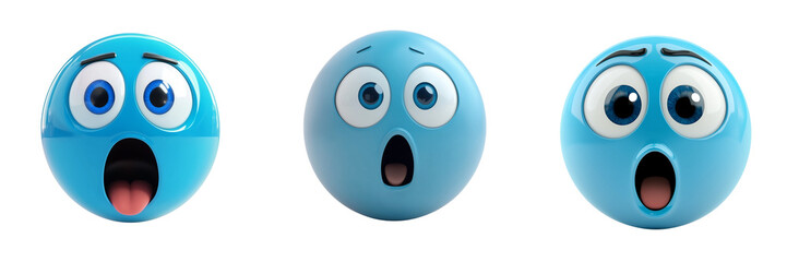 Set of Bright blue 3D emoji character with wide open mouth and eyes, photographed as a standalone clipart illustration on pure on transparent png background. Ai generated