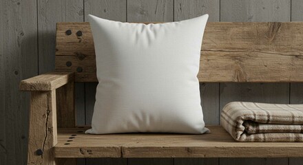 Plain white decorative cushion on rustic wooden bench with cozy plaid blanket. Home decor mockup for advertising design.