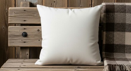 Plain white decorative cushion on rustic wooden bench with cozy plaid blanket. Home decor mockup for advertising design.