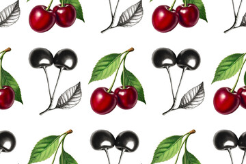 Seamless Pattern with Hand Drawn Vintage and Graphic Style cherries. 